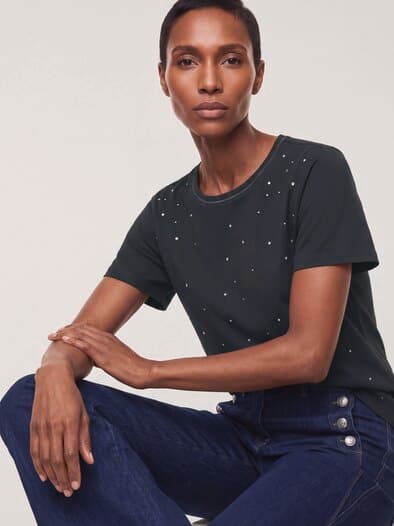 Baumwollshirt mit Glitzersteinen Schwarz