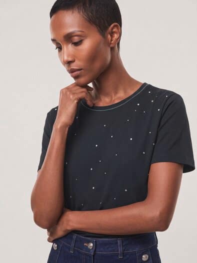 Baumwollshirt mit Glitzersteinen Schwarz