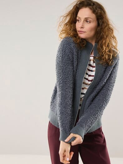 Strickjacke in Boucle  und Glattstrickoptik Grau Melange