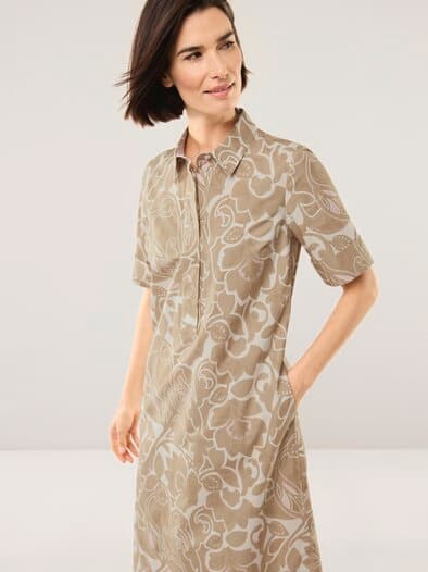 Hemdblusenkleid aus Baumwolle Sand/Weiß