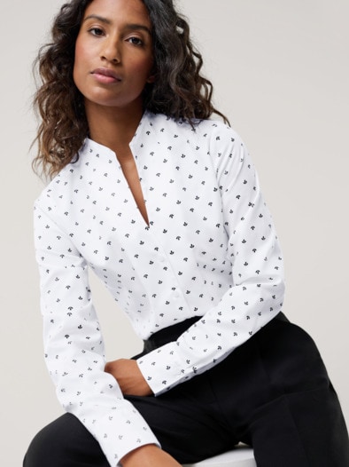 Extraglatt-Bluse Kelchkragen Minimal Weiß Marine
