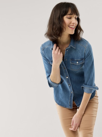 Power Stretch Jeansbluse Mid Blue