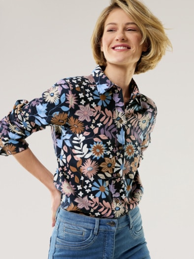 Aktiv Flanell Hemdbluse Blume Marine