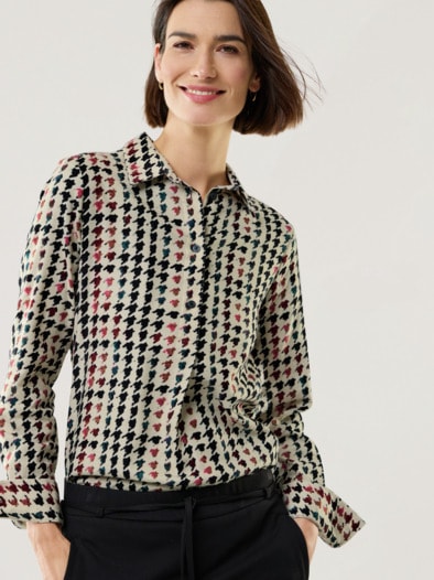 Soft-Flanell Polo-Bluse Aquarell Hahnentritt