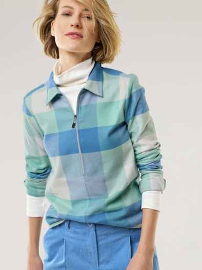 Kuschelflanell Zip-Bluse Karo Gletschergrün