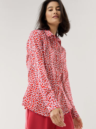 Extraglatt Baumwoll-Bluse Blume Rot