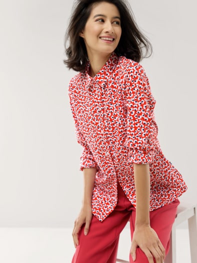 Extraglatt Baumwoll-Bluse Blume Rot