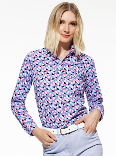 Extraglatt Baumwoll-Bluse Grafik Blau/Flamingo