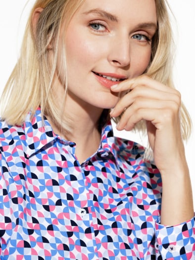 Extraglatt Baumwoll-Bluse Grafik Blau/Flamingo