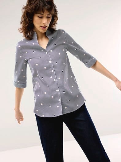 Extraglatt-Bluse Kelchkragen Tupfen Schwarz