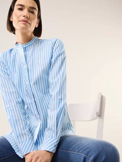 Extraglatt Stehkragen Bluse Meerblau gestreift
