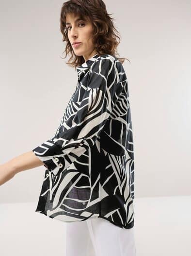 Tunika-Bluse mit Stehkragen Schwarz Offwhite