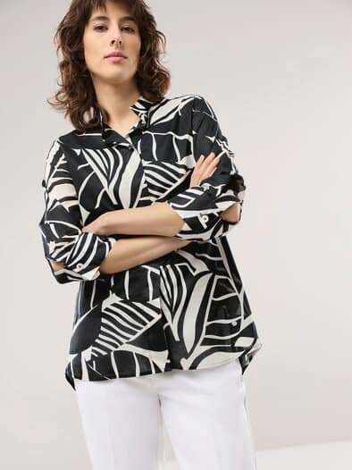 Tunika-Bluse mit Stehkragen Schwarz Offwhite