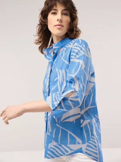 Tunika-Bluse mit Stehkragen Jeansblau Offwhite