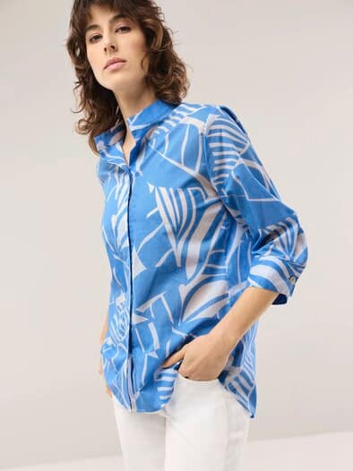 Tunika-Bluse mit Stehkragen Jeansblau Offwhite