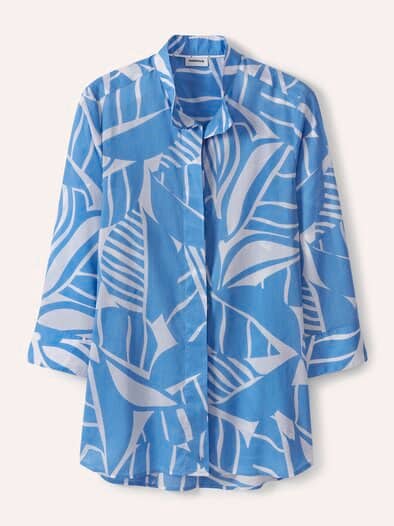 Tunika-Bluse mit Stehkragen Jeansblau Offwhite