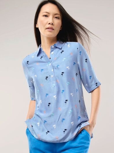Polo Bluse aus Viskose Palmendruck
