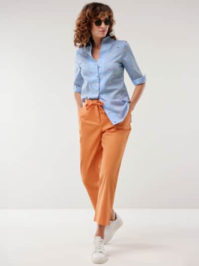 Extraglatt-Bluse Kelchkragen Tupfen Königsblau