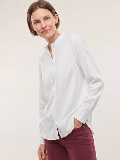 Bluse mit Stehkragen Baumwollsatin Weiß