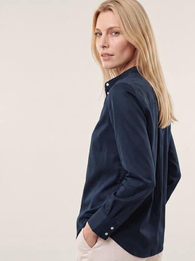 Bluse mit Stehkragen Baumwollsatin Uni Nachtblau