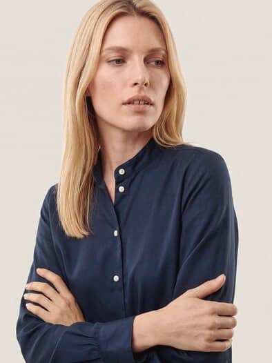 Bluse mit Stehkragen Baumwollsatin Uni Nachtblau