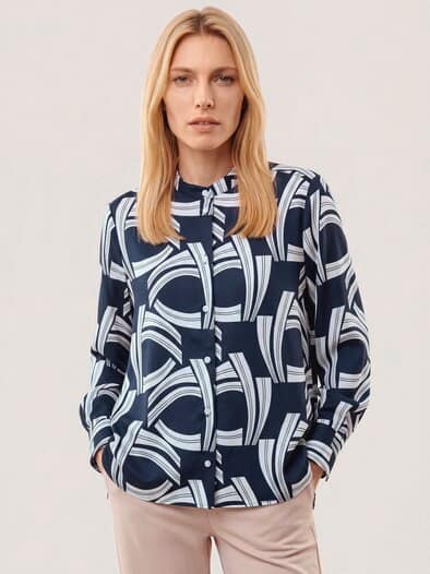 Bluse mit Stehkragen Baumwollsatin Druck Blau