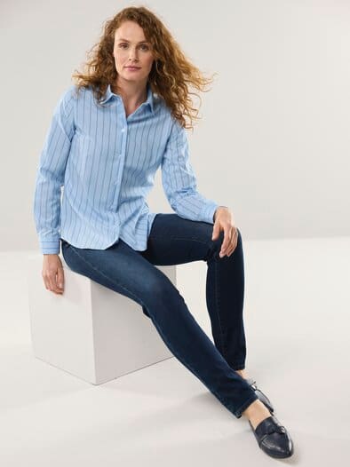 Extraglatt Baumwoll-Bluse Streifen Skyblue