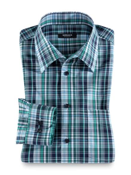 Extraglatt-Hemd Walbusch-Kragen Karo Lagune Bl.