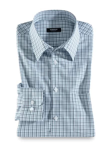 Extraglatt-Hemd Walbusch-Kragen Karo Weiß/Lagune