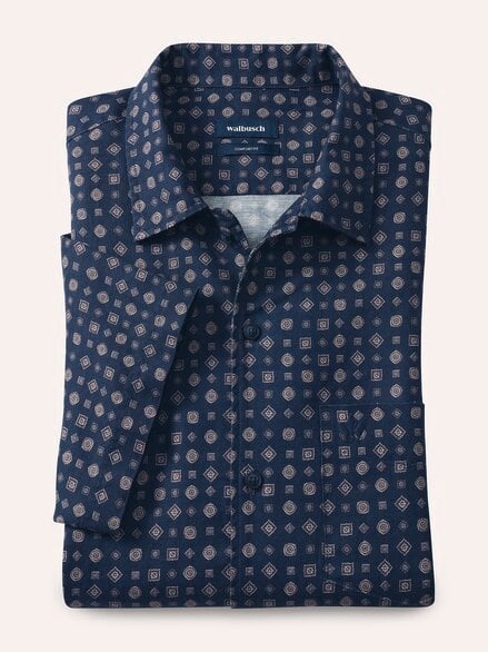 Leinen-Mix Revers-Kragen-Hemd Druck Marine