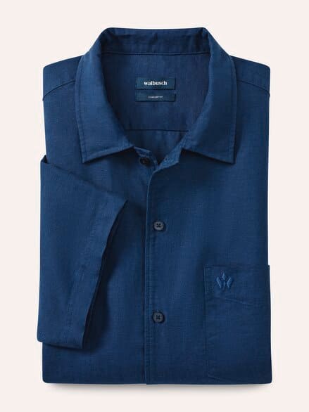 Leinen-Mix Revers-Kragen-Hemd Marine