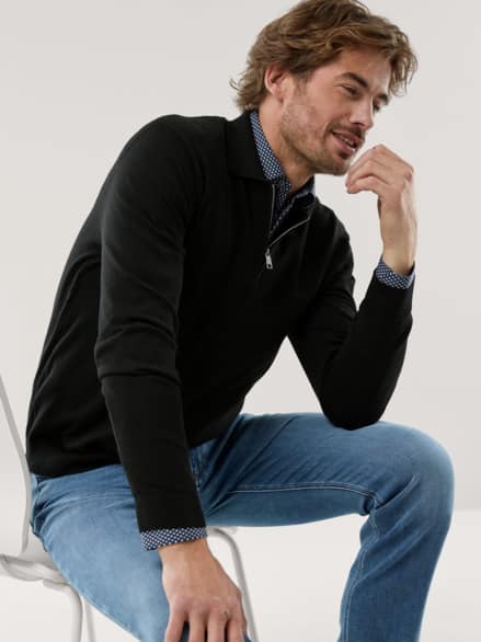 Polo-Pullover Merino Extrafein Schwarz