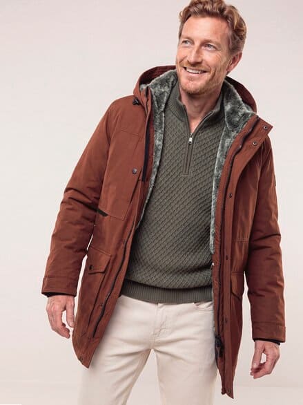 Warme Langjacke mit Kunstfell Rotbraun