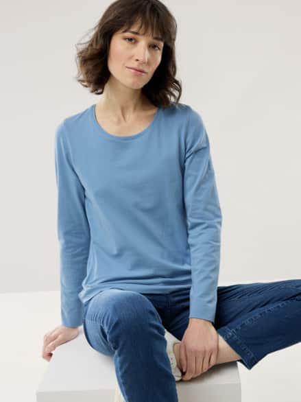 Baumwoll-Basic-Shirt Langarm Jeansblau