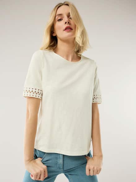 Baumwollshirt Dekospitze Offwhite