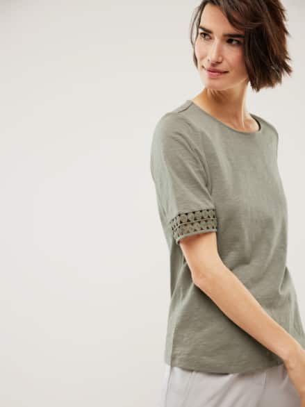 Baumwollshirt Dekospitze Khaki