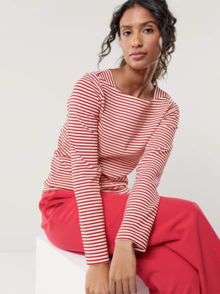 Baumwollshirt Ripp Ringel Weiß/Rot