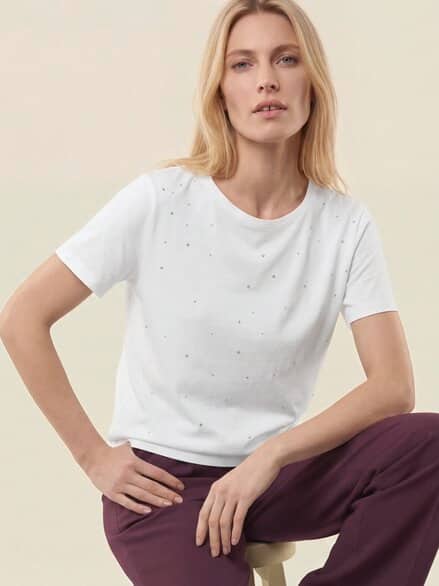 Baumwollshirt mit Glitzersteinen Offwhite Baumwollshirt mit Glitzersteinen Offwhite