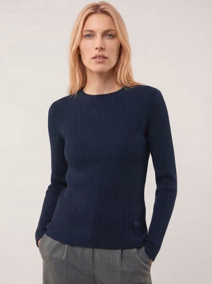 Baumwollmix Pullover in Rippenstrick Optik Nachtblau