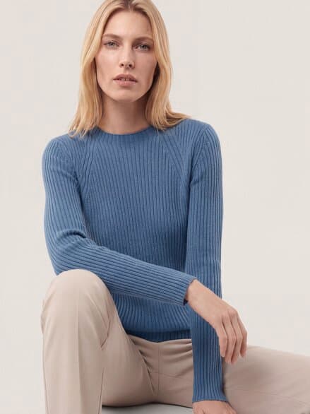 Baumwollmix Pullover in Rippenstrick Optik Smokey Blue
