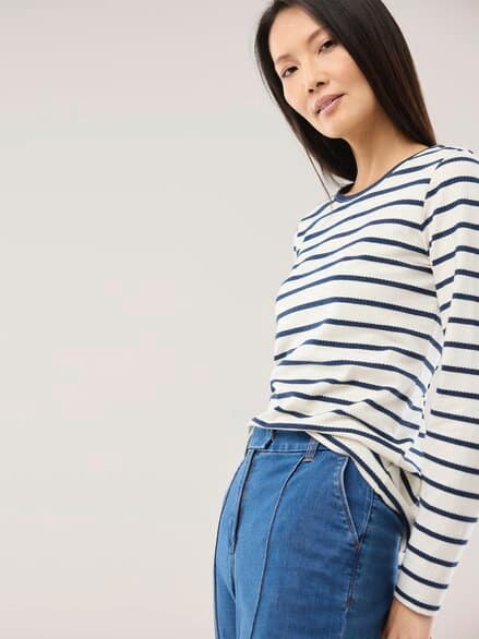 Baumwollshirt Ringelstruktur Offwhite/Nachtblau