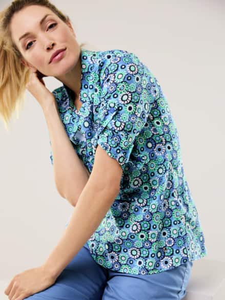 Baumwoll Tunika Stehkragen Millefleurs Königsblau