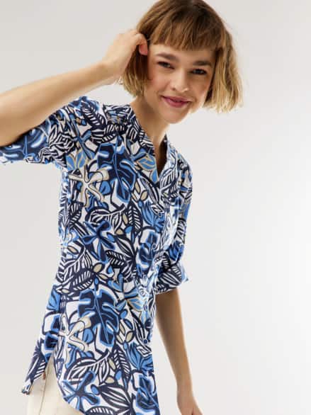 Baumwoll Bluse Krempelarm Floral Marine Weiß Baumwoll Bluse Krempelarm Floral Marine Weiß