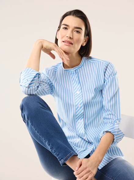 Extraglatt Stehkragen Bluse Meerblau gestreift Extraglatt Stehkragen Bluse Meerblau gestreift