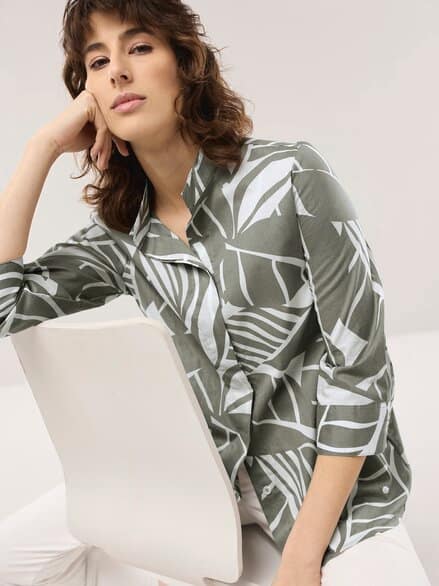 Tunika-Bluse mit Stehkragen Khaki Offwhite Tunika-Bluse mit Stehkragen Khaki Offwhite