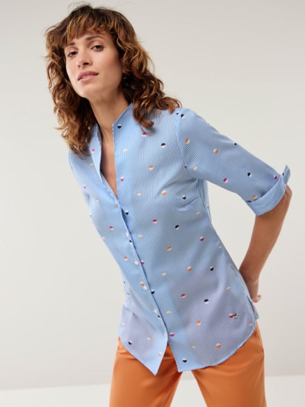 Extraglatt-Bluse Kelchkragen Tupfen Königsblau Extraglatt-Bluse Kelchkragen Tupfen Königsblau