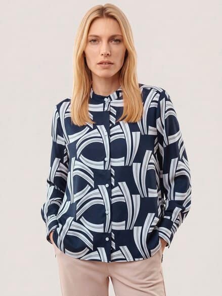 Bluse mit Stehkragen Baumwollsatin Druck Blau
