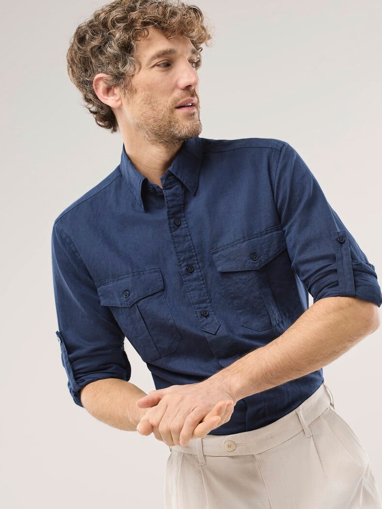 Leinen-Mix Multi-Taschen Hemd Marine