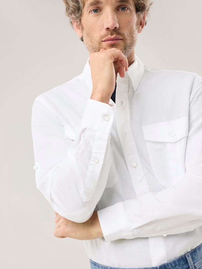 Leinen-Mix Multi-Taschen Hemd Weiß