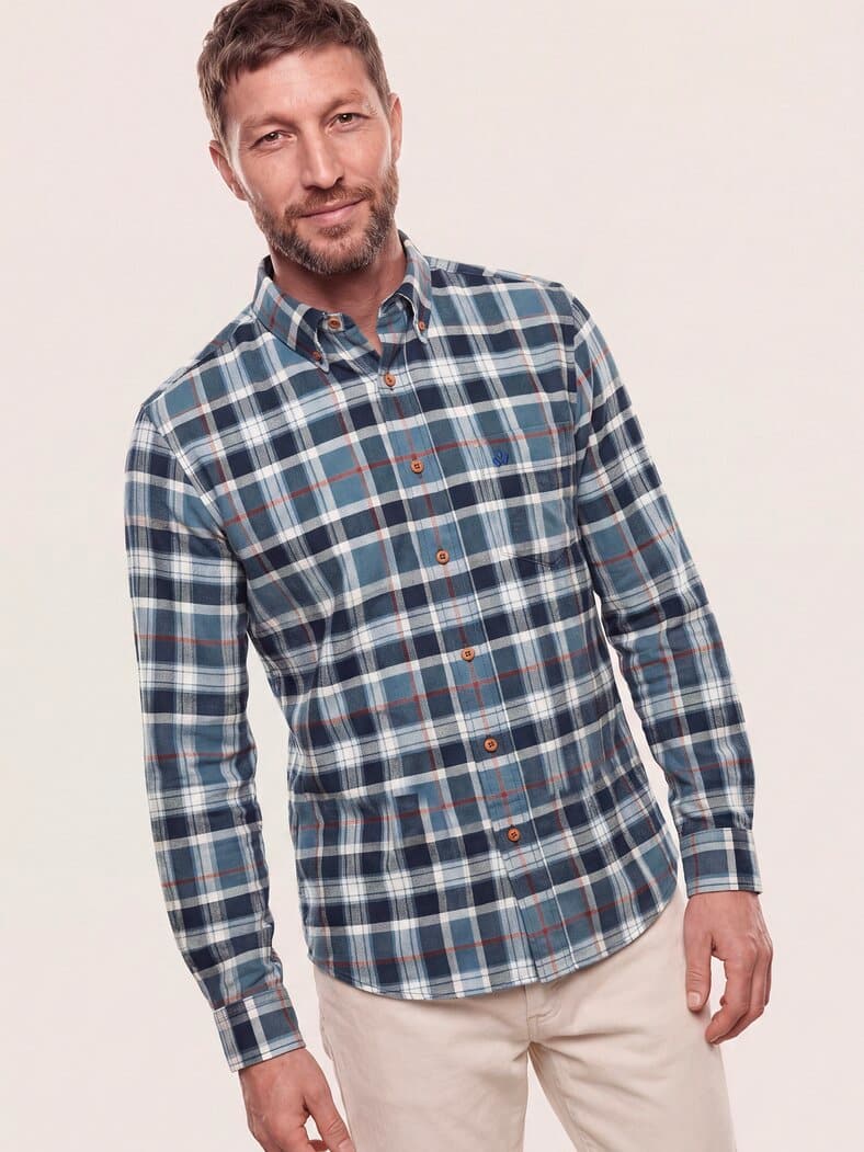 Hemd aus angerautem Baumwoll-Twill Karo Marine